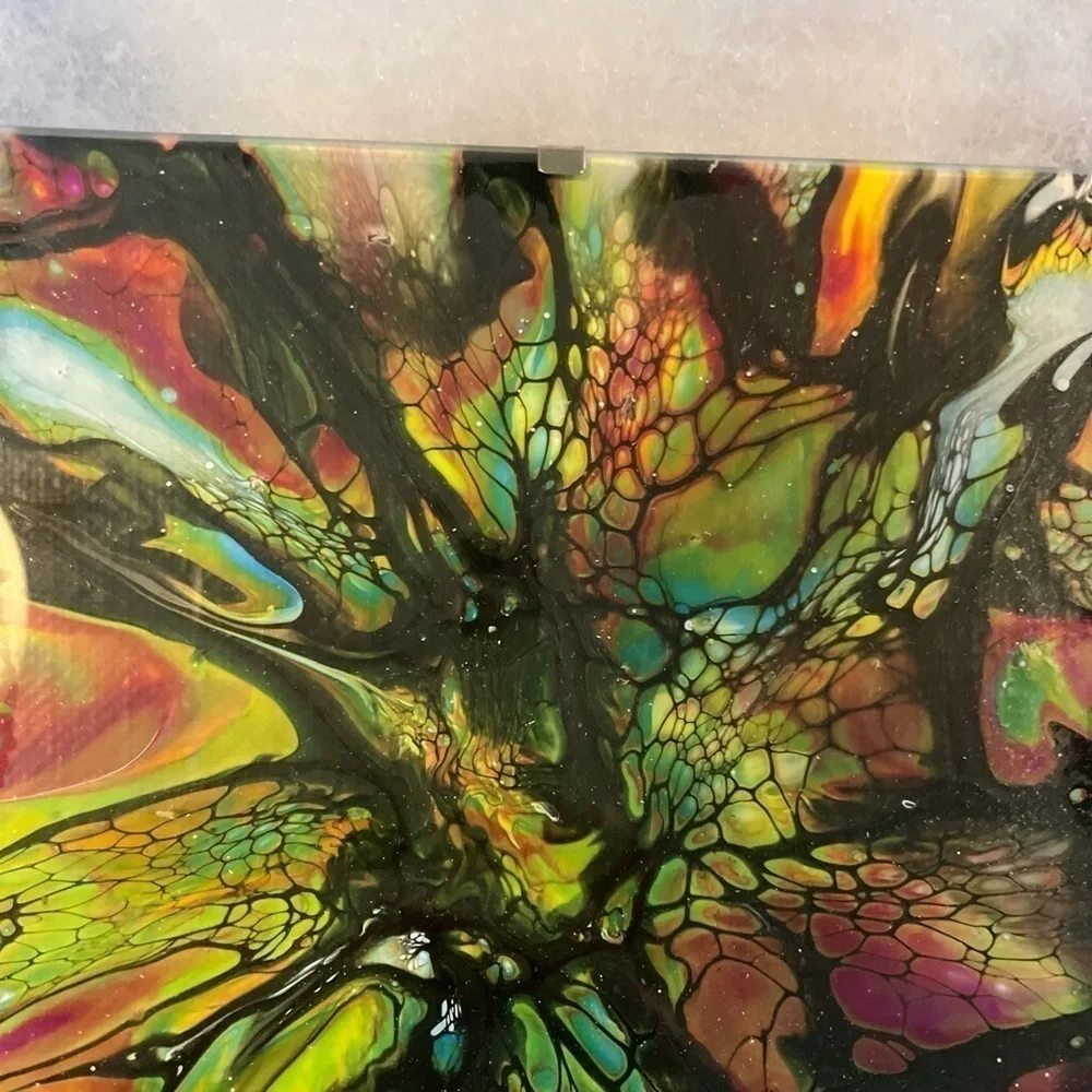 5” square hand painted acrylic painting in glass frame. Unique! - Picture 2 of 3